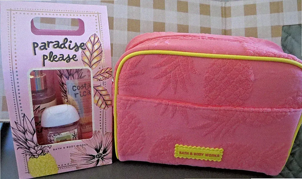Bath & Body Works Pink Pineapple Sunrise 3 Piece Mini Gift Set + Makeup Bag