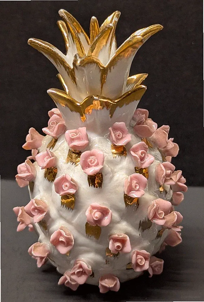Lefton Porcelain Pineapple Shaped Perfume Bottle with Roses 4.5"H x 2.5"W