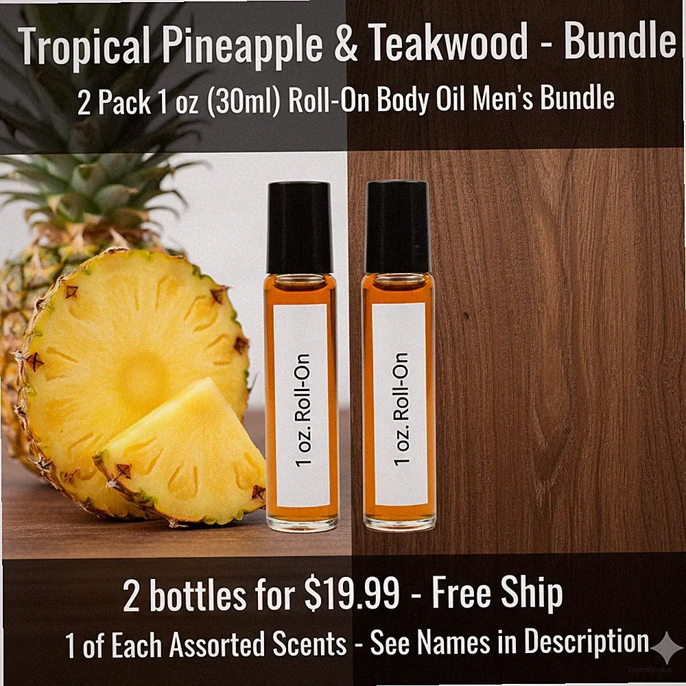 Tropical Pineapple & Teakwood 2 Pack-30ML Men's Roll On Perfume Body Oil Bundle